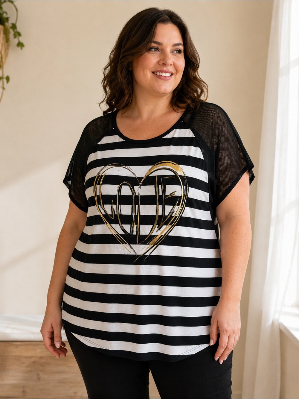 NWT Seven7 Black & White Striped Tee with Gold “Love” Heart Sz 18/20